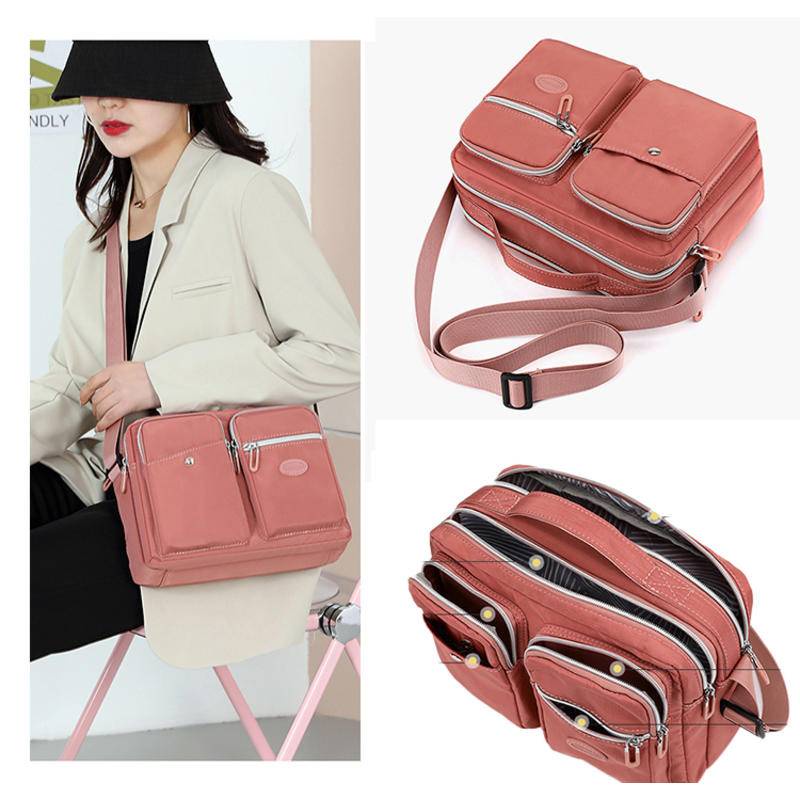 Multifunctional Waterproof Tote Handbag Multi-Layer Storage Design Large Capacity Fashion Shoulder Bag Water-Repellent Nylon Fabric Cross-Body Bag Outdoor Leisure Commuter Busi
