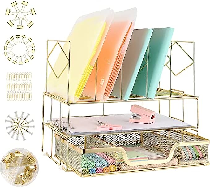 Youbetia Desk Organizers and Accessories - Double Tray and 5 Upright Sections, Office Supplies Desk Organizer with Drawer, File Office Organization with Binder Clips, Gold