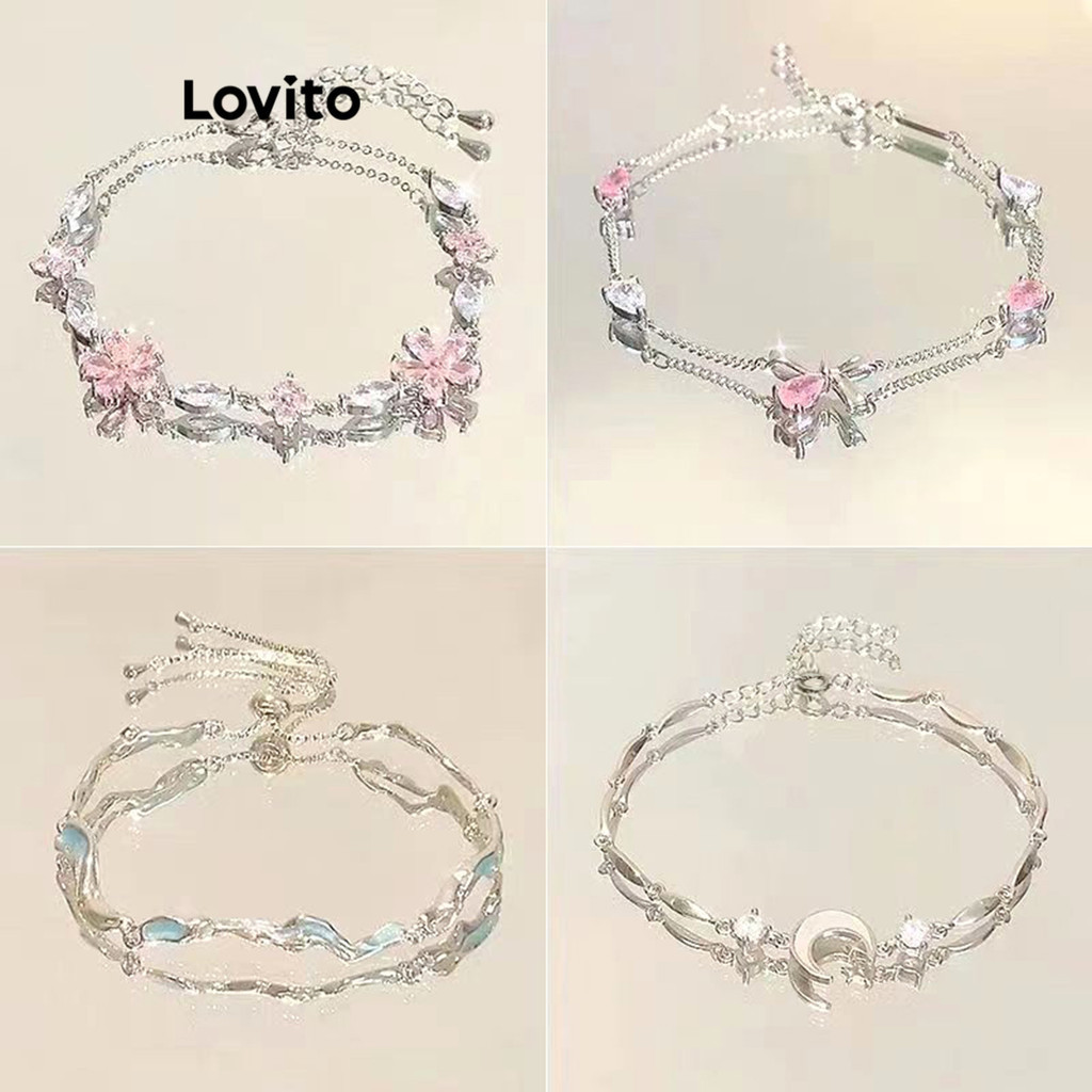 Lovito Romantic Moon Bow Flowers Rhinestone Zircon Cherry Blossoms Bestie Couple Bracelet for Women LFA12539