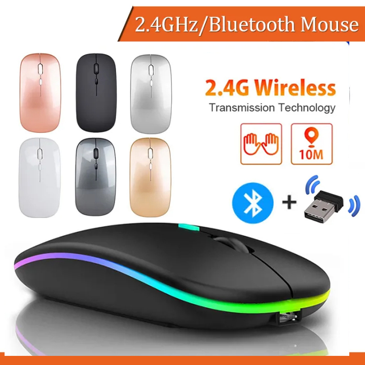 (SG STOCK) Wireless Mouse Rgb Led 2.4Ghz Silent Rechargeable 1600dpi Slim Portable With USB Receiver Computer PC Laptop