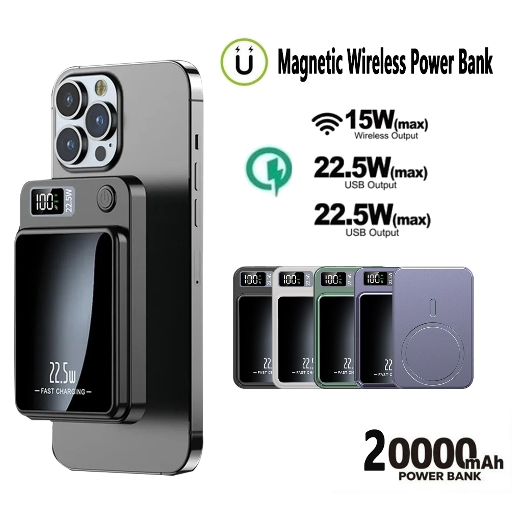 SG Seller Stock Magnetic Powerbank 22.5W Fast Charging 20000mAh Wireless Power Bank Portable Charger for iPhone Samsung