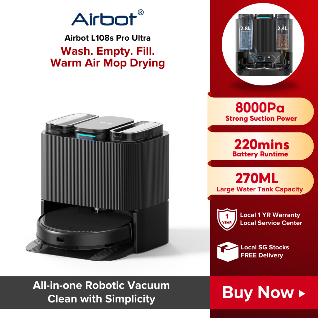 [ Ready Stock ] Airbot Robot Vacuum L108S Pro Ultra, 8000Pa Smart Robotic Vacuum Automated Dock Station Wet Wipes ilife